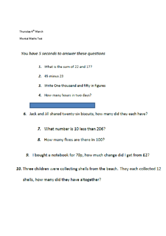 Mental Maths Questions Thursday