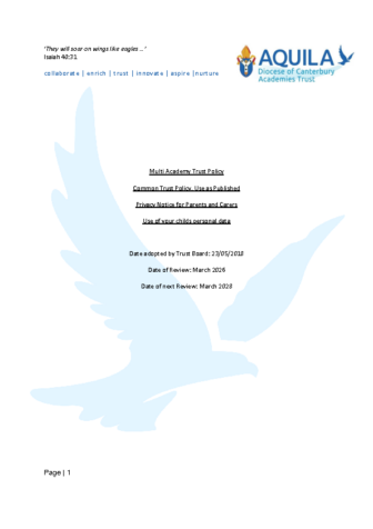 Aquila Privacy Notice for Parents and Carers – Use of your childs personal data